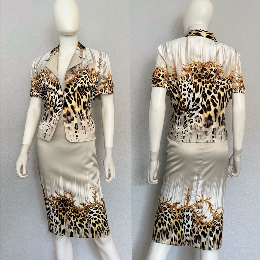 POLEN POE‎ SATIN SKIRT SUIT SET JACKET/SKIRT ANIMAL PRINT SHORT SLEEVES FORMAL